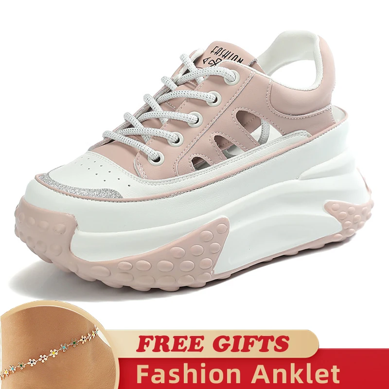 7CM 2023 Platform Wedge Chunky Sneaker Fashion Genuine Leather Hollow Lace Mixed Color Casual Comfy Lady Hidden Heel Female Shoe