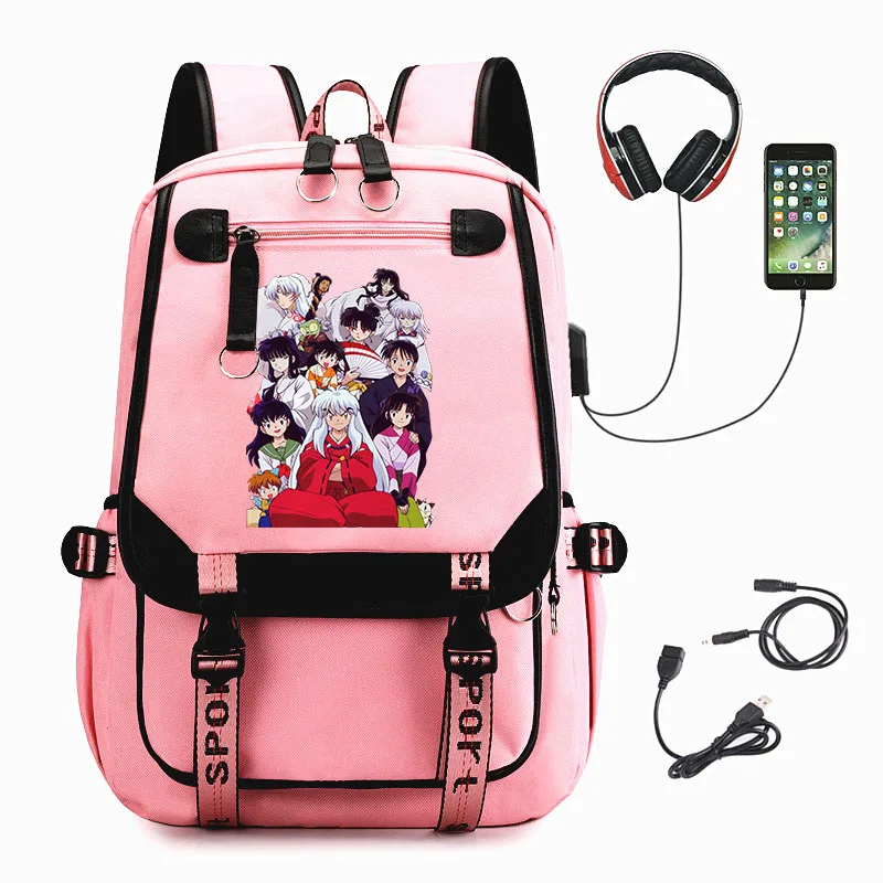 

Anime Inuyasha Backpack USB Charge Knapsack Teenager Student Bookbag Zipper Unisex Schoolbag Cartoon Laptop Bag Nylon Packsack