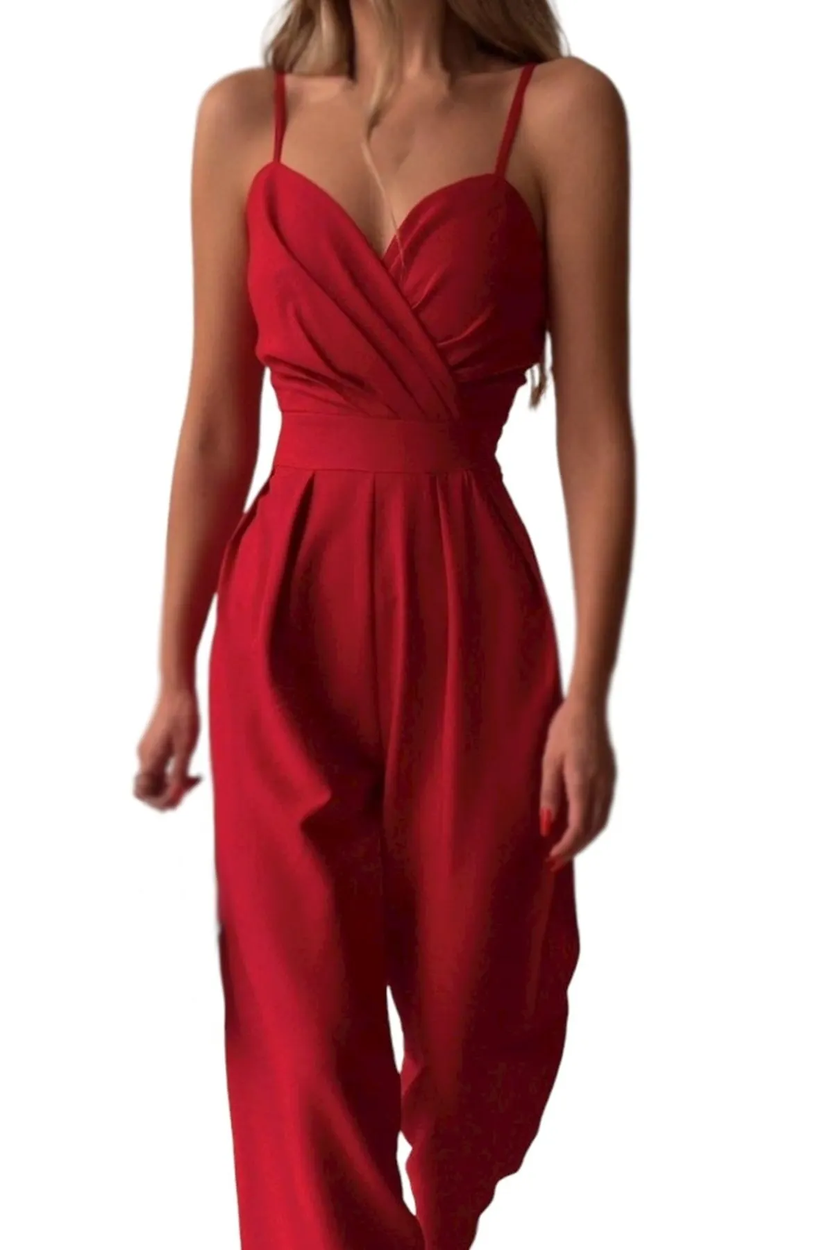 

Women's Overalls Pleated Front V-Neck Strap Jumpsuit Hot Style Quality Fabric Sleeveless Baggy Trousers Casual Jumpsuit
