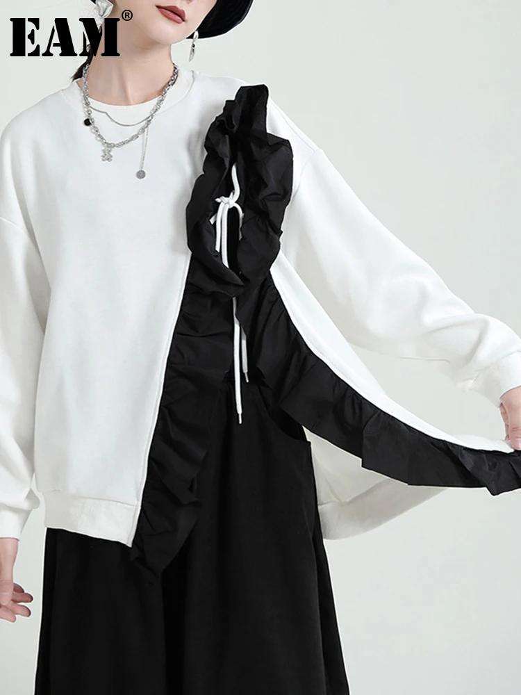 

[EAM] Loose Fit Black Ruffles Bandage Sweatshirt New Round Neck Long Sleeve Women Big Size Fashion Spring Autumn 2022 1DE4305