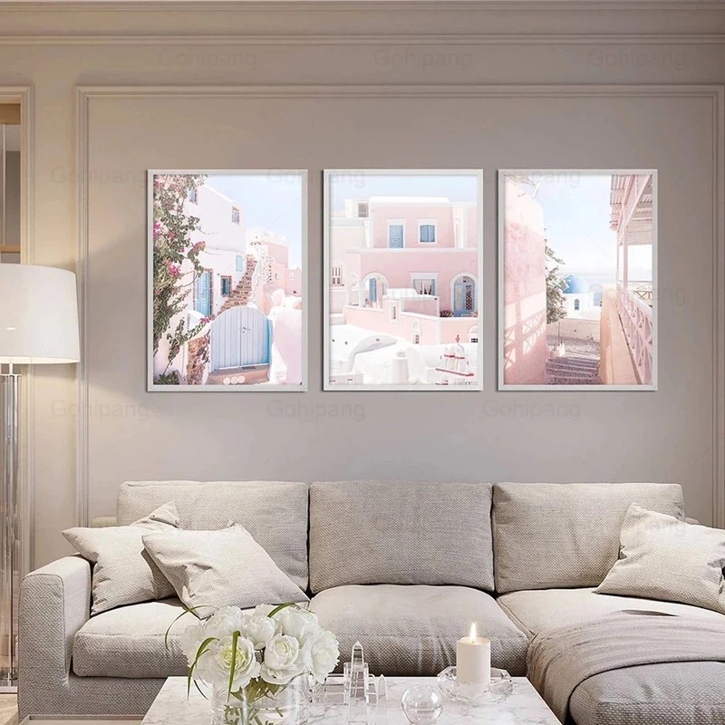 

Boho Poster and Print Greece Santorini Set of 3 Pale Pink Canvas Painting Modern Wall Picture for Bedroom Living Room Home Decor