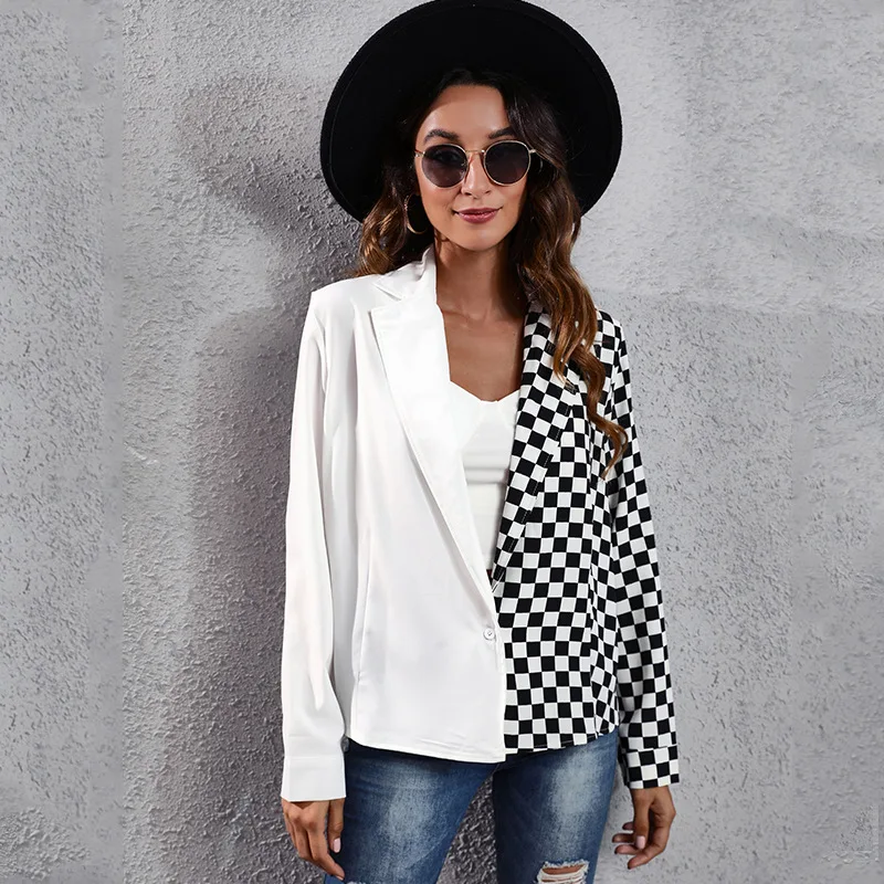 

Suit Collar Checkerboard Zebra Stitching Shirt Women's Long Sleeve Chiffon Shirt New Style