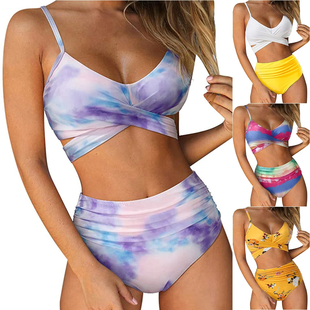 

Women Tie Dye Push Up Padded Bikini Set High Waist Swimwear Swimsuits Beachwear Ladie Summer Casual Swimming Costumn Set Fashion