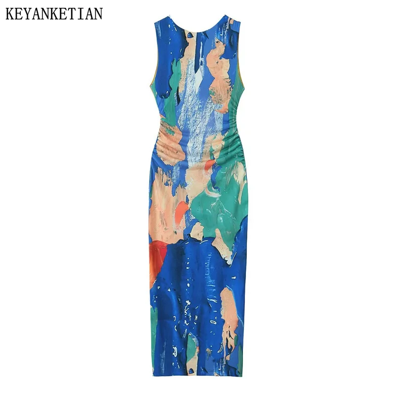 

ТРАПЕЦИЕВИДНОЕ летнее платье keyantiian для отдыха, новинка, женское платье с открытой спиной и принтом брызг-чернил в стиле ретро, облегающая юбка миди без рукавов