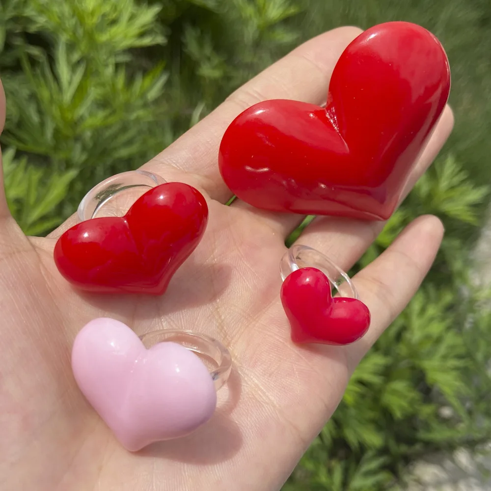 Cute Exaggerated Big Red Heart Rings for Women Girls Statement Resin Finger Rings Jewelry Gift Accessories