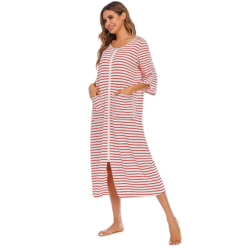 2023 New Autumn Winter Loungewear Comfortable Casual Loose Pajamas Seven-point Sleeve Large Size Pajama Striped Women Nightgown