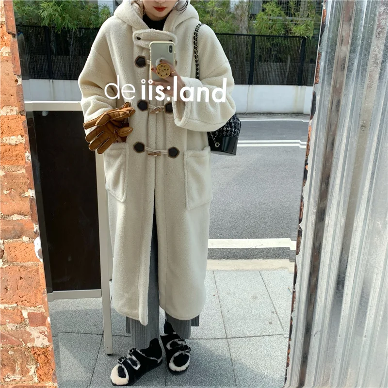 Winter Long Lamb Fur Coat Jacket for Women Loose Plush Overcoat Horn Button Parkas Hooded Straight Warm Outerwear Female