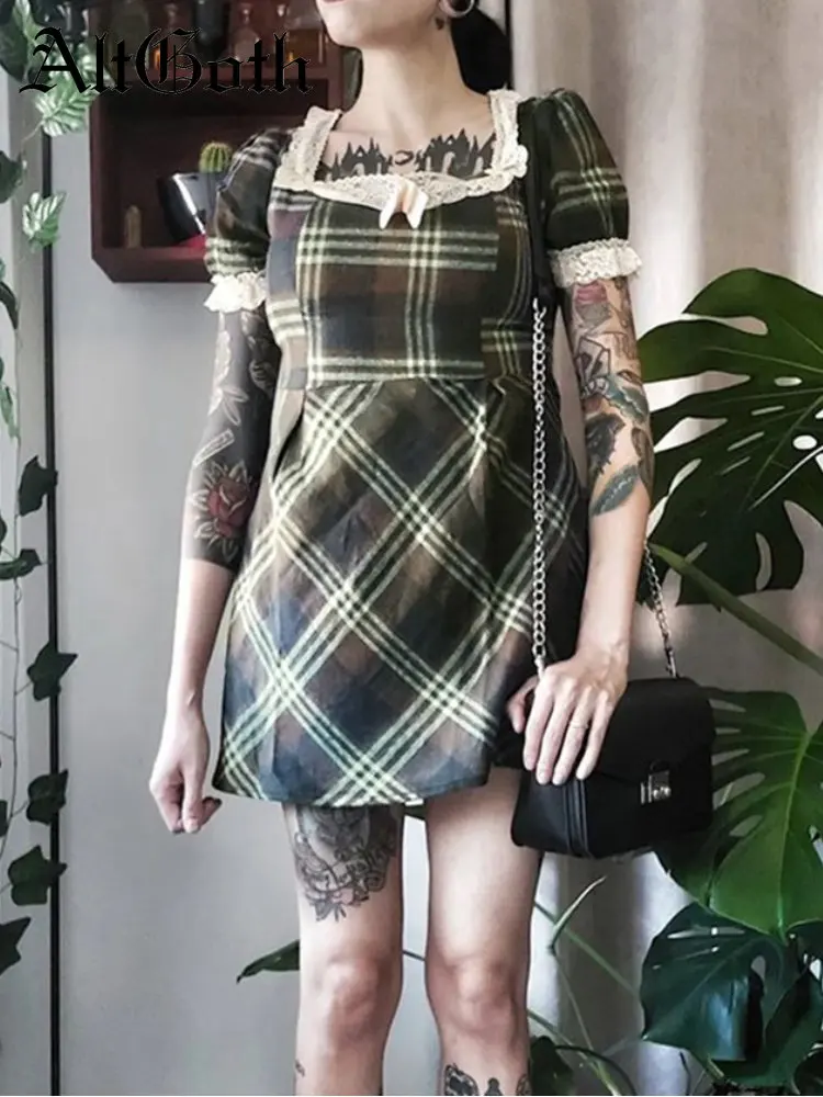 

AltGoth Dark Academia Gothic Plaid Dress Women Vintage Harajuku Streetwear Y2k Square Collar Lace Patchwork High Waist Dresses