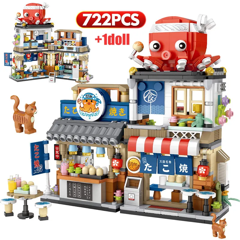 

City Mini Street View Japanese Food Takoyaki Shaved Ice Shop Building Blocks Figures Bricks Toys For Children Christmas Gifts