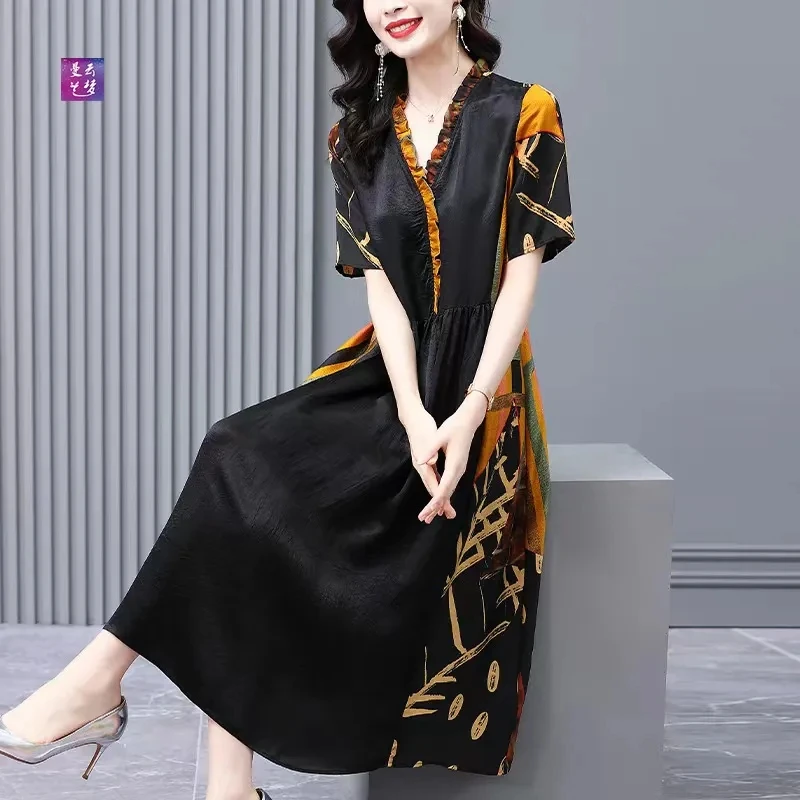 

Women Vintage Dress printing V-neck Short Sleeve Summer New Fashion Casual Temperament Dresses Female National Style Clothing