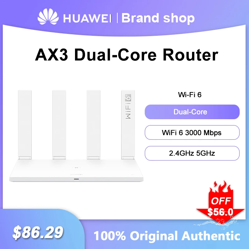 

Wi-Fi-роутер Huawei AX3 двухъядерный, 3000 Мбит/с, 2,4/5 ГГц