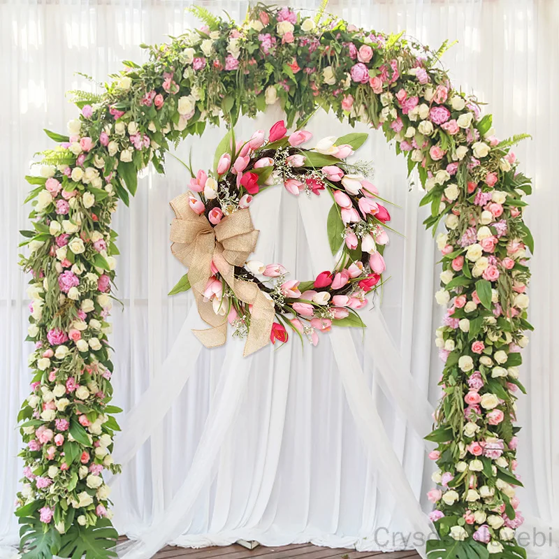 

Artificial Tulip Wreath Door Hanging Sign Valentine's Day Happy Easter Wall Decor Spring Garland Weeding Festival Room Ornament