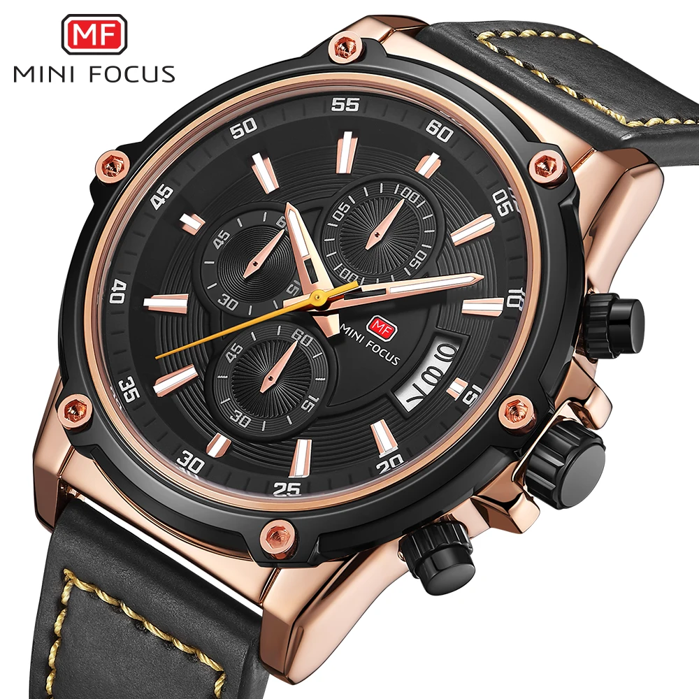 

MINI FOCUS Sport Leisure Quartz Watch for Men Date Display Chronograph Waterproof Wristwatches Fashion Leather Strap saat erkek