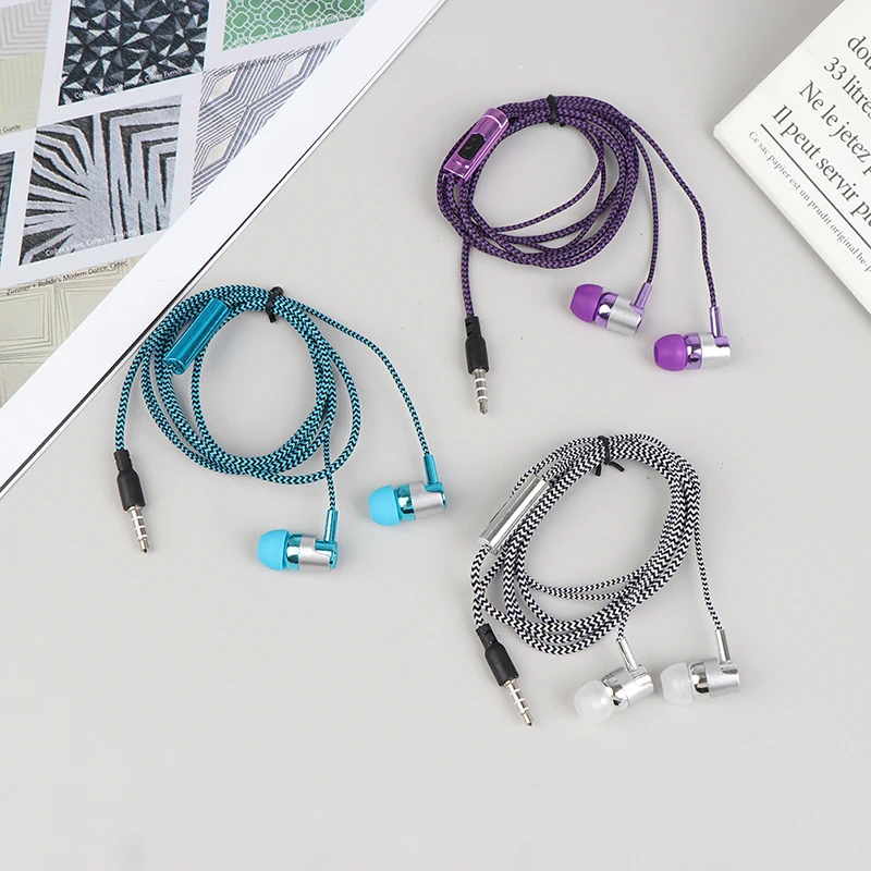 1Pc Stereo Earbuds Earphone Wired Nylon Weave Cable Earphone Headset With Mic Line In-ear Headphones with Microphone Heavy Bass