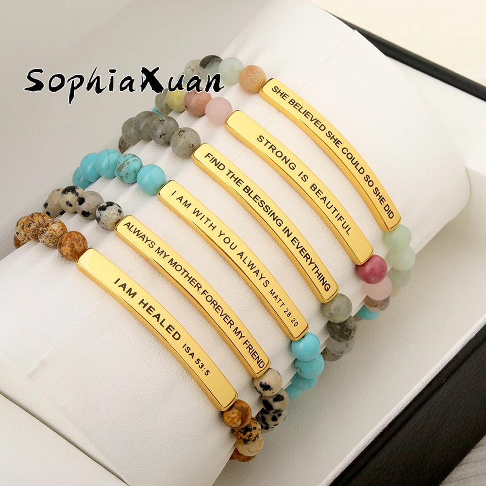 

SophiaXuan Stainless Steel Bracelet Gold Color Plated Lettering Natural Stone Trendy Bracelets Mother's Day Bracelets for Women
