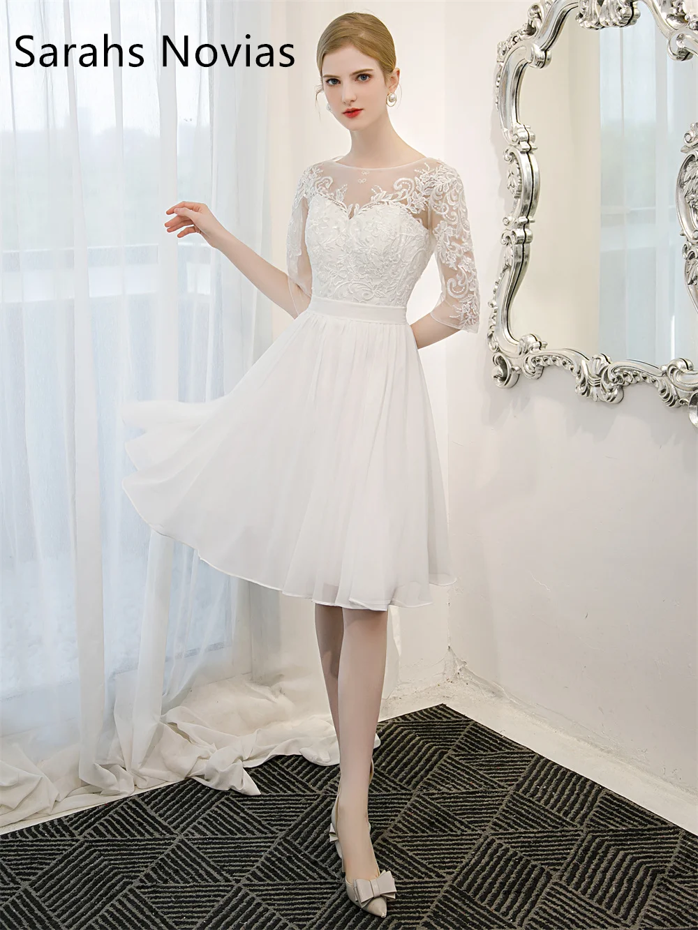 

Simple Chiffon Lace Knee Length Short Wedding Dress For Brides Half Sleeves V Neck A-line Informal Beach Bridal Gowns Real Photo