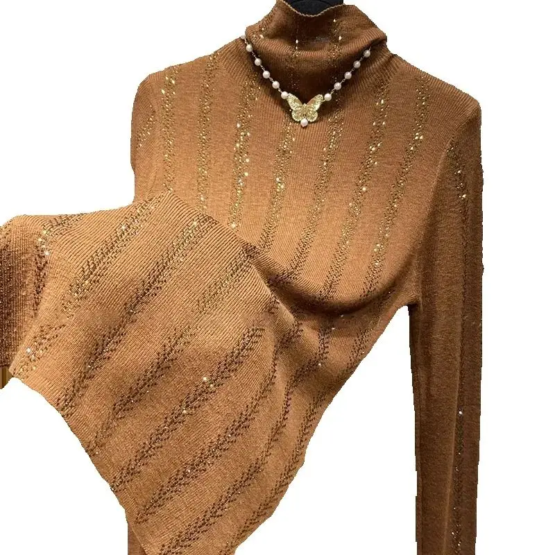 Осень-зима пуловер 2024 новая мода полосатая рубашка с высоким воротником женский