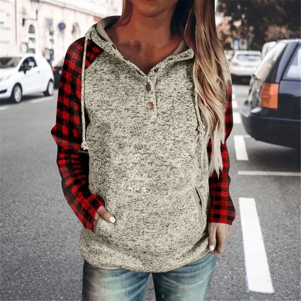 

Women Hoodie Hooded Plaid Patchwork Loose Fit Lady Hoodie Long Sleeve Single-breasted Lady Casual Sweatshirt Pullover Top