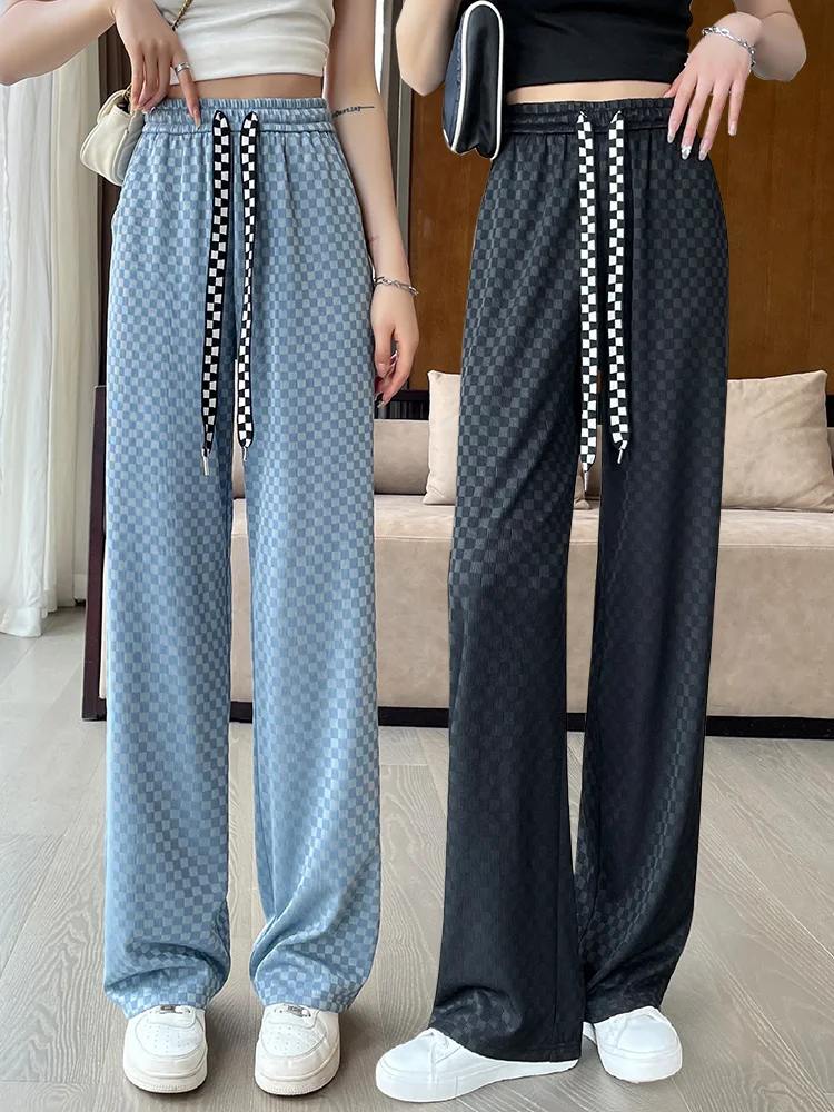 

Pants Casual Solid High Waist Wide Leg Plaid Trousers Korean Fashion Y2K Harajuku Women's Pants Slacks Women Straight Summer
