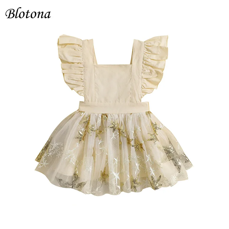 

Blotona Infant Baby Girls Dress Sequins Stars Square Neck Fly Sleeve Tie-Up Backless Dress Summer Casual Layered Tulle Dress