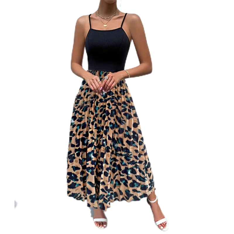 

J78E Womens Pleated Flared Hem Elegant Party Midi Dress Sleeveless Elastic Waist Boho Contrast Color Leopard Flowy Midi Gown