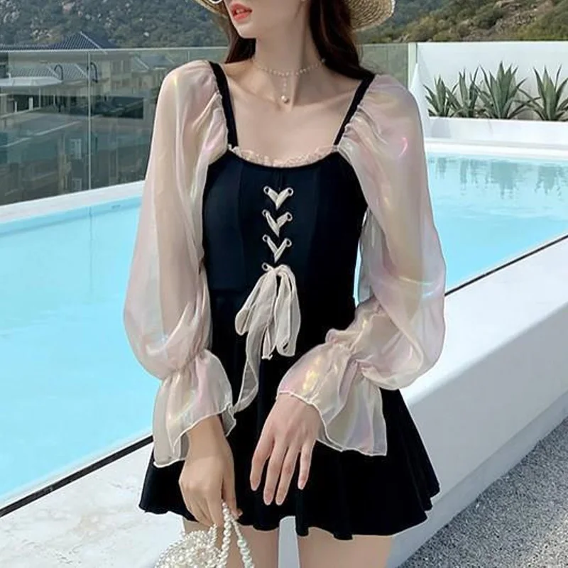 2023 New Fashionable UV-protective Beach Women's One Piece Swimsuit Padded Gathered High Waisted Contrasting Color Bikini Set