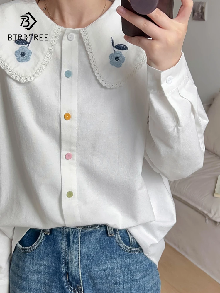 

Новинка, осенняя хлопковая плотная рубашка с вышивкой, женский топ с воротником «Питер Пэн», свободные блузки с длинными рукавами для девочек на весну, T30820QC