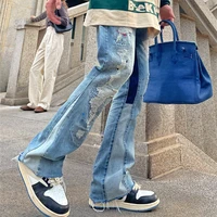 2022 kanye west hole ripped straight baggy men flare jeans pants patchwork distressed washed vintage loose punk denim trousers