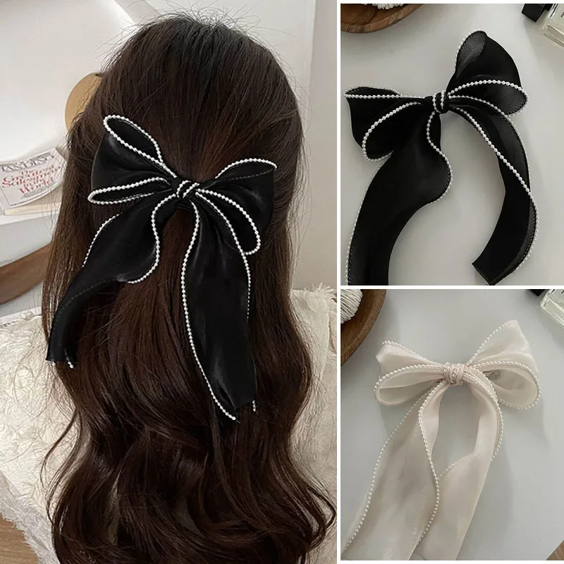 

Elegant Pearl Streamer Hair Bows Clips Women Ponytail Hairpin Pearl Rim Mesh Bowknot Grips Barrettes Top Head Headdress Headwear