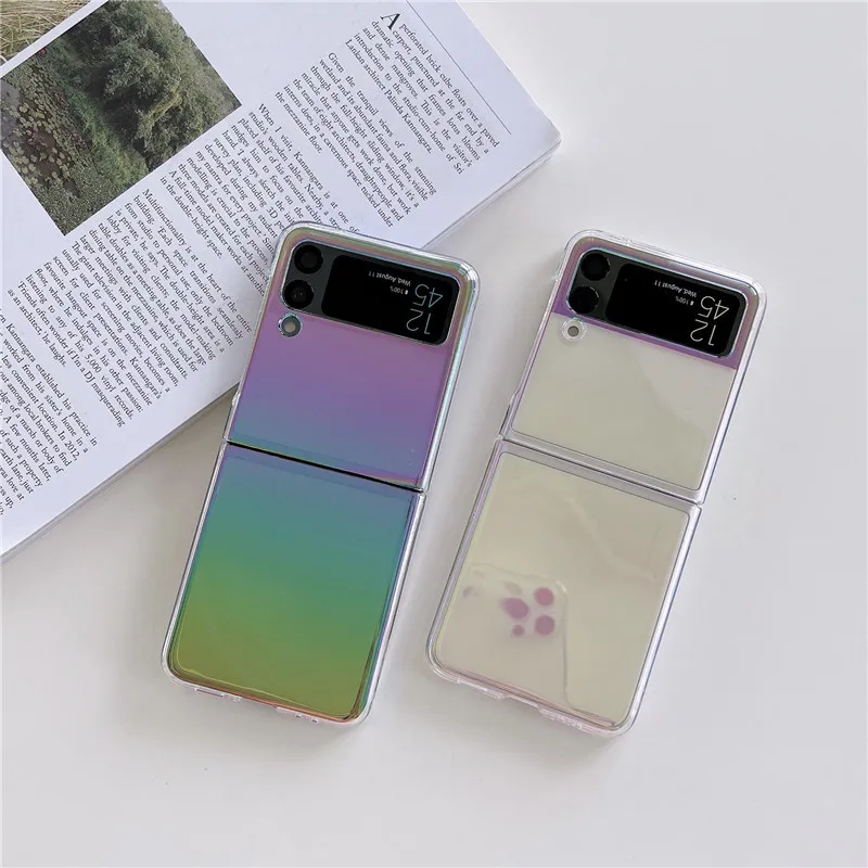 

Ins Style Colorful Laser Transparent Phone Case for Samsung Galaxy Z Flip 4 3 Hard Cover for ZFlip3 Zflip4 Solid Shell Bracket