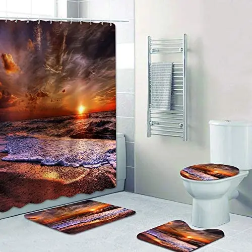 

Набор занавесок для душа с красивым закатом и пляжным принтом, чехол на ковер, чехол для унитаза, коврик для ванной, наволочка, занавеска для ...