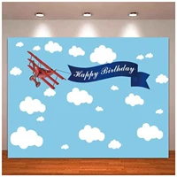 Happy Birthday Party Red Plane Photography Backdrop Cartoon Plan Blue Sky White Cloud Background Boy Girl Photo Portraits Studio