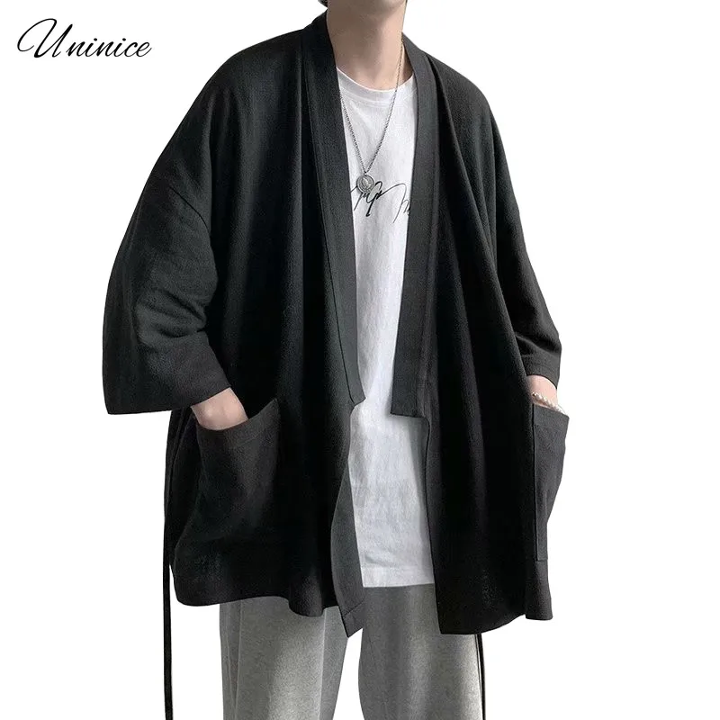 

Летнее хлопковое и льняное кимоно, кардиган с рукавом три четверти, Мужская свободная тонкая Однотонная рубашка в японском стиле с большим ...