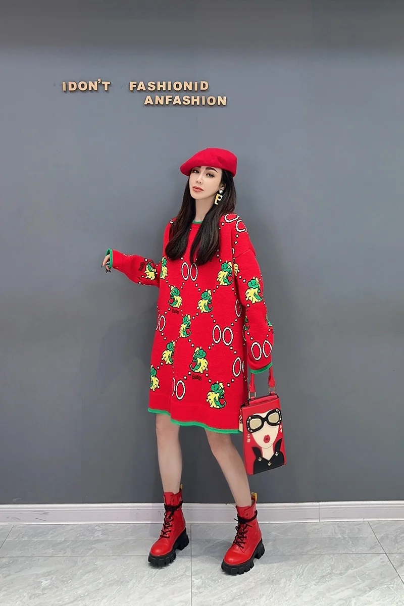 Новинка весна-осень 2024 свитер средней длины вязаный пуловер классический принт