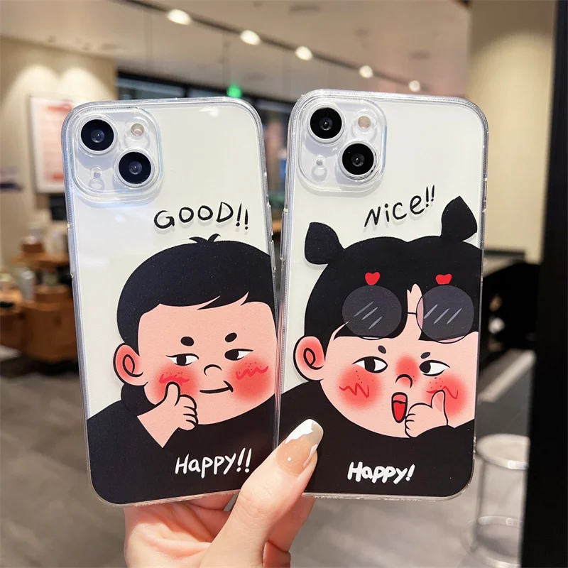 

Couple fun boy girl Phone Case For iPhone 13 11Pro Max 12Mini XR XS 7 8Plus SE 2020 6 Transparent Shockproof Soft Silicone Cover