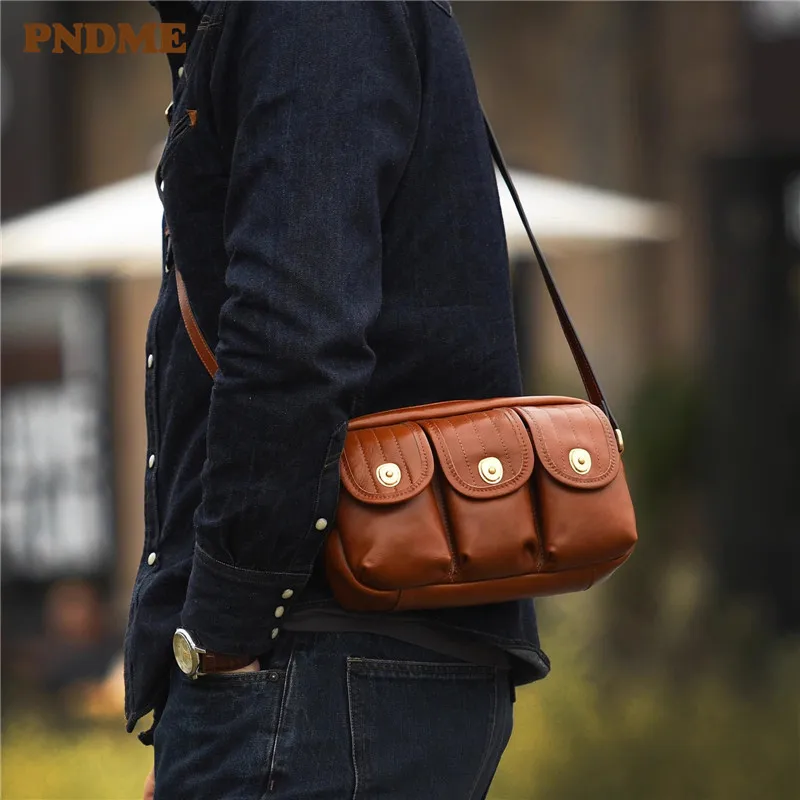 PNDME outdoor casual luxury genuine leather men's messenger bag designer high-quality real cowhide multi-pocket shoulder bag