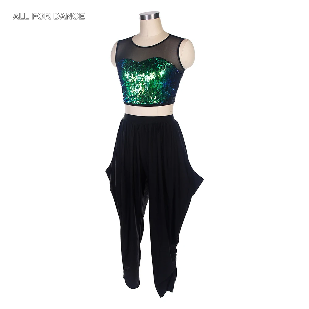 18037 Зеленый танцевальный топ с блестками и черной сеткой черные брюки для