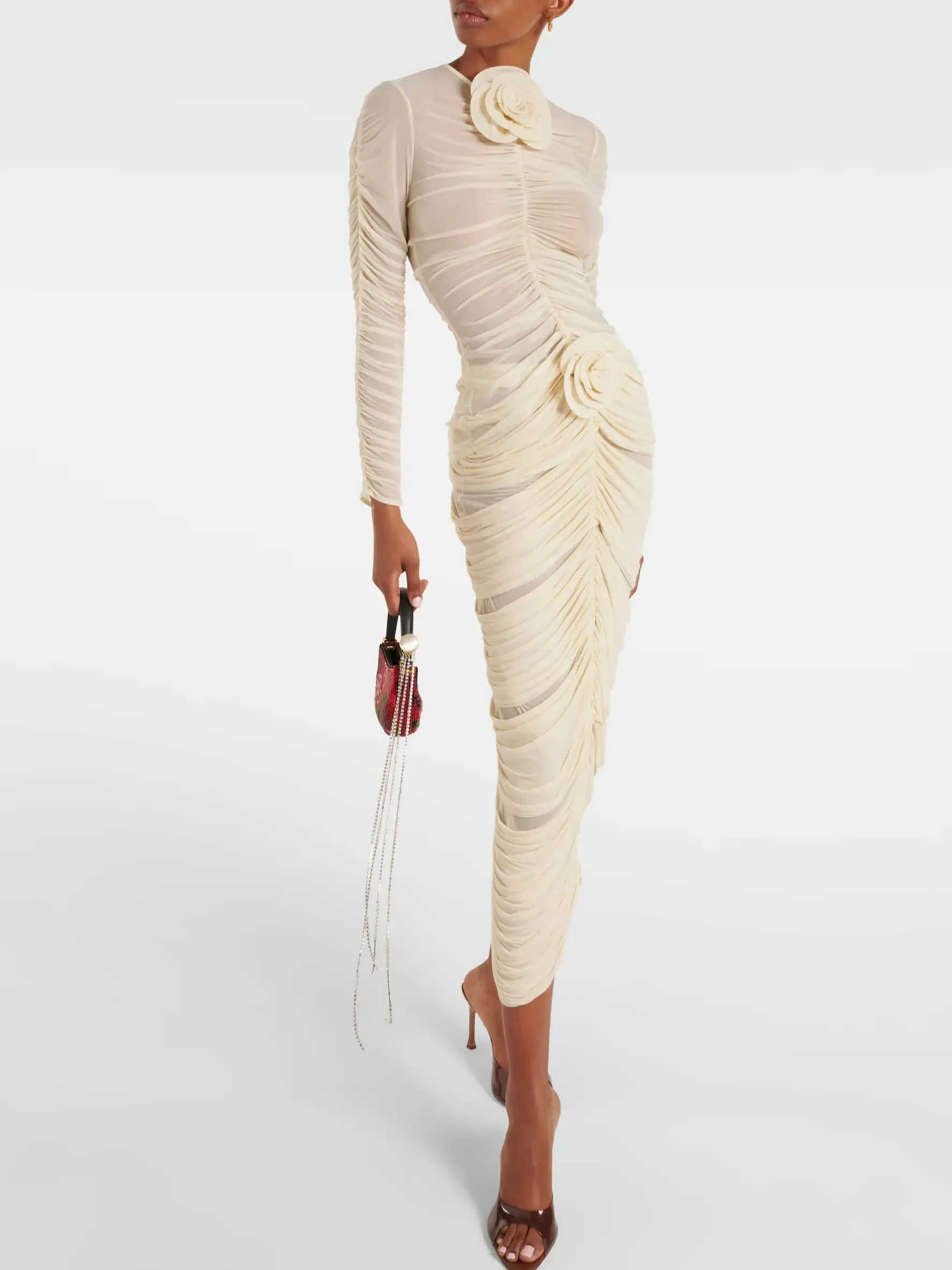 Ins Hot WomenSexy с длинным рукавом и кружевной сеткой телесного цвета юбкой