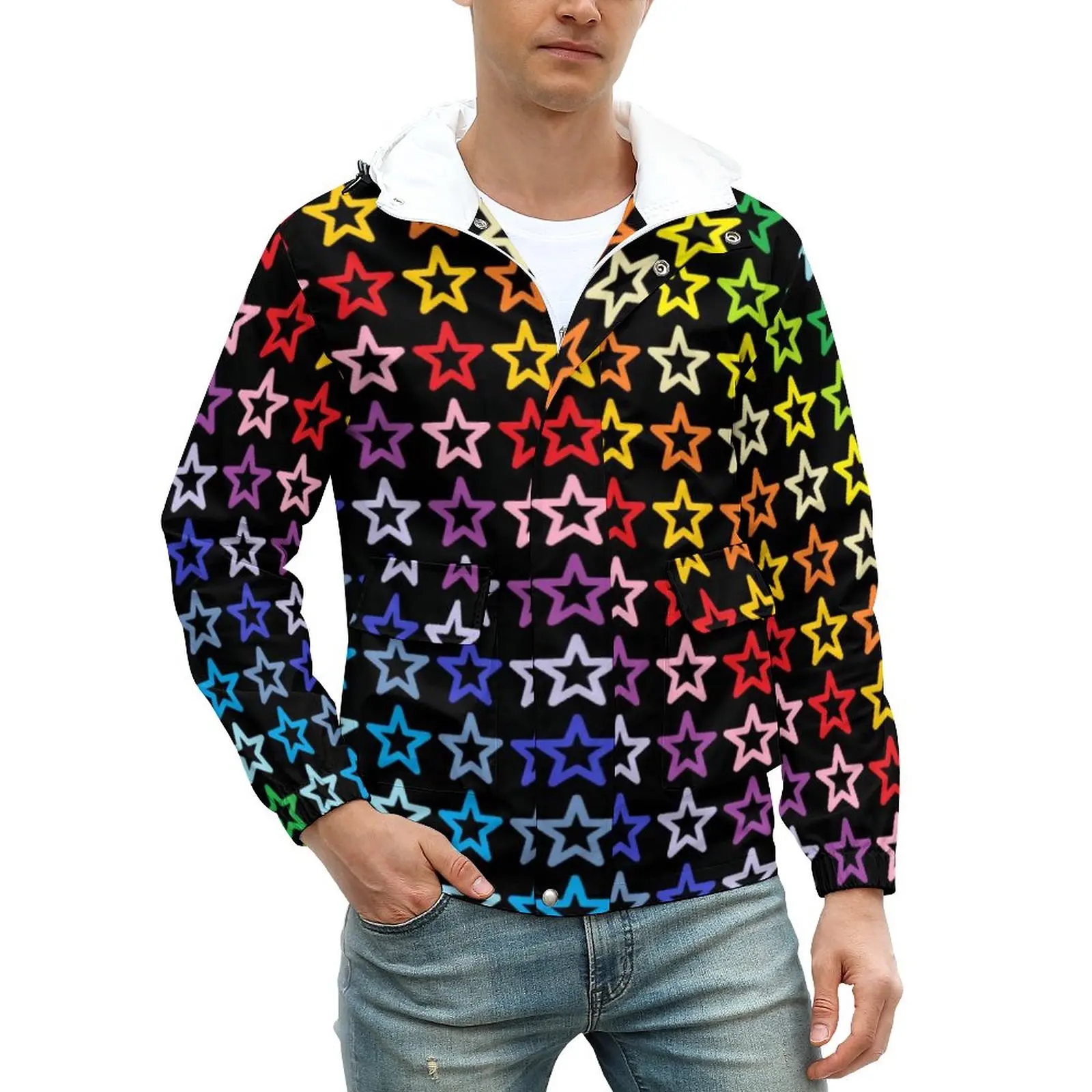 

Повседневные мужские куртки с абстрактным радугой, пальто с красочным принтом звезд, зимняя трендовая куртка, ветровка свободного покроя, б...