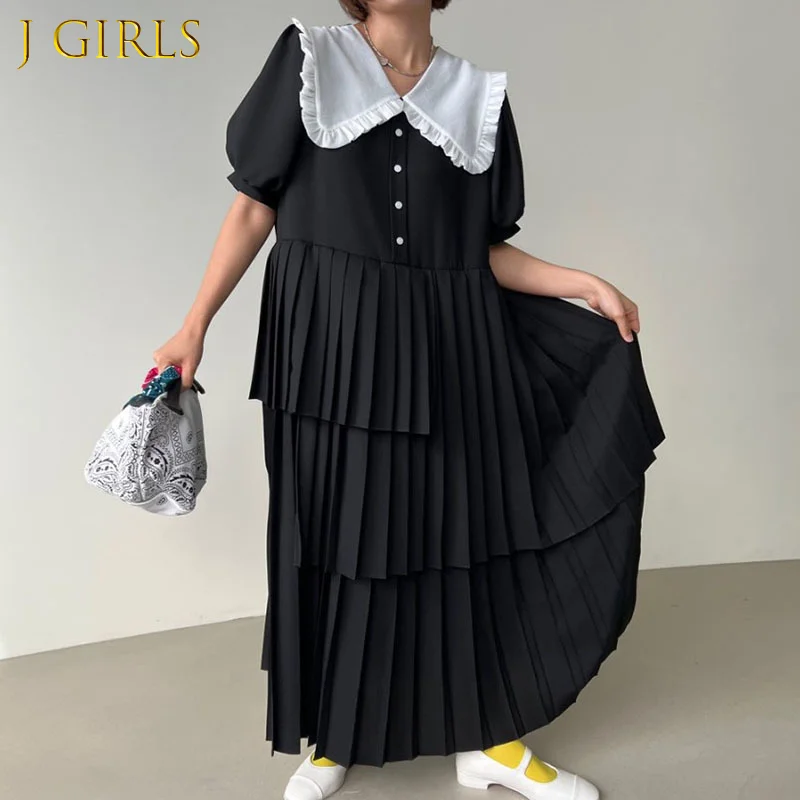 

J GIRLS Contrast Color Peter Pan Collar Dress Women Short Sleeve Button Up Korean Clothing Solid Summer New Cake Dresses