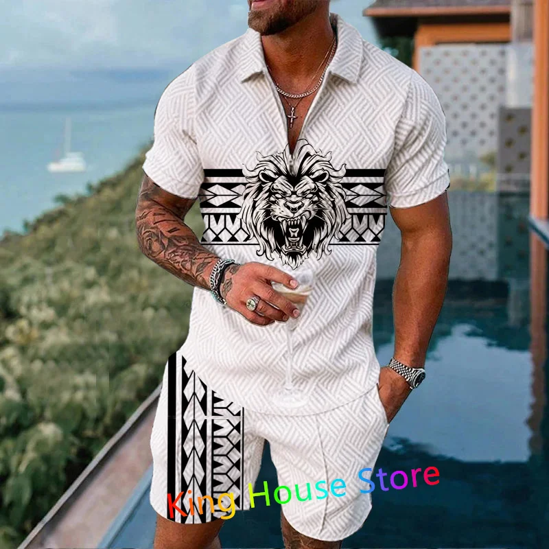 

Tracksuit 2 Piece Set For Men Lion King3D Printed Casual Zipper Short Sleeve Polo Shirt Shorts Suit Male Trend Clothing Outfit