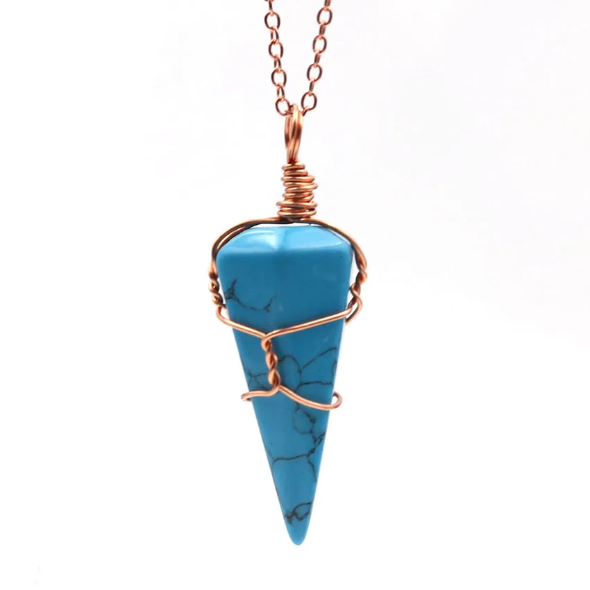 

FYSL Rose Gold Color Wire Wrap Hexagon Pyramid Blue Turquoises Stone Pendant Link Chain Necklace Opalite Opal Jewelry