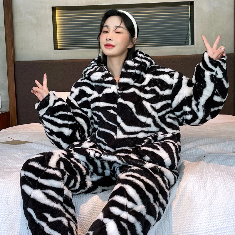 Women Warm Hooded Pajamas Sets Casual Coral Fleece Sleepwear Autumn Winter 2 Pcs Flannel Zebra Print Homesuit Lounge Wear