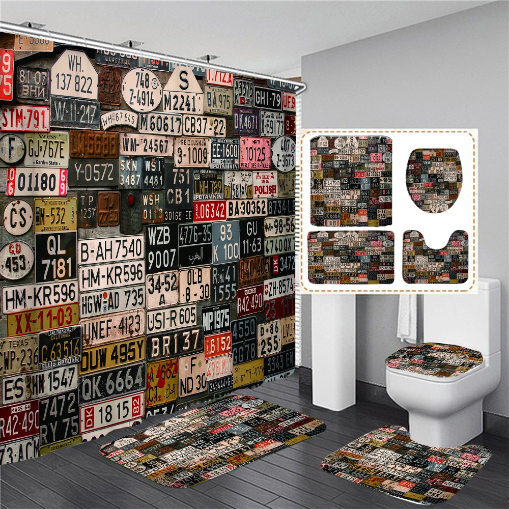 

Retro Old Car Industrial Print Shower Curtain Pedestal Rug Toilet Cover Non-slip Bath Mat Set Bathroom Decor Bathtub Curtains