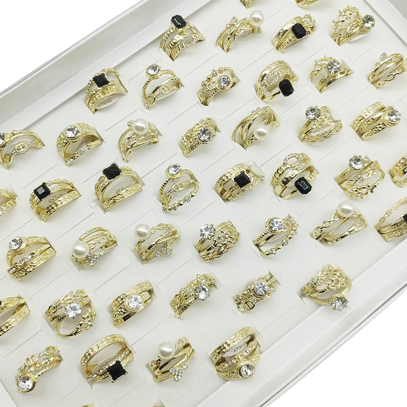 

10set/Lot Wholesale Personality Finger Ring Sets for Women Fashion Big Pearl Rhinestone Black Acrylic Jewelry Gold Color Gifts