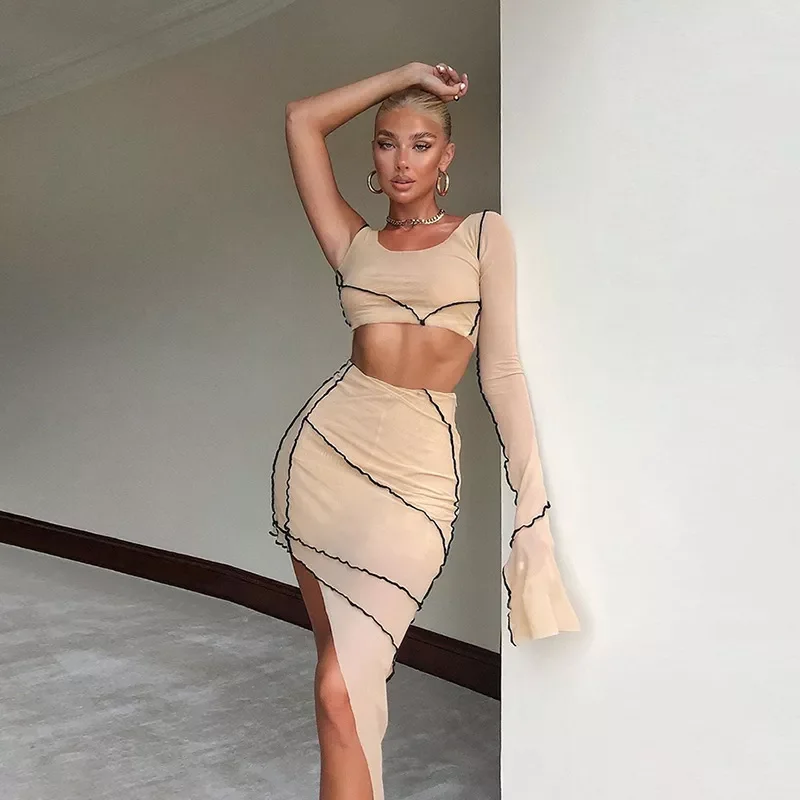 

2022 Women Two Piece Sheer Mesh Top and Midi Skirts Set Fashion Outfit Autumn Long Sleeve Sexy Club Party Matching Suit