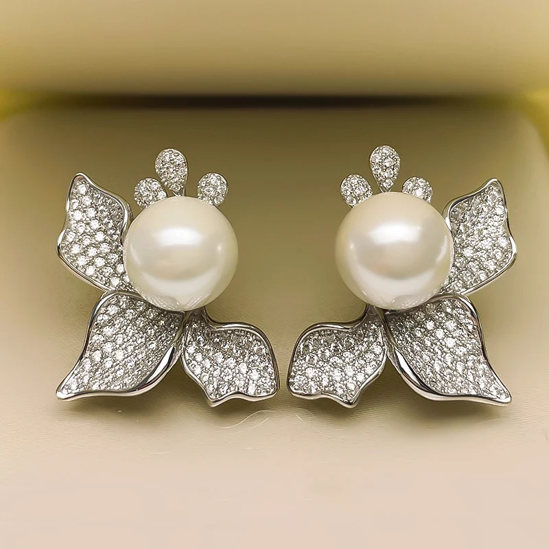 

2021 New S925 Silver Flower Bow Earrings Inlaid Pearl 12mm Earrings Jewelry Lady