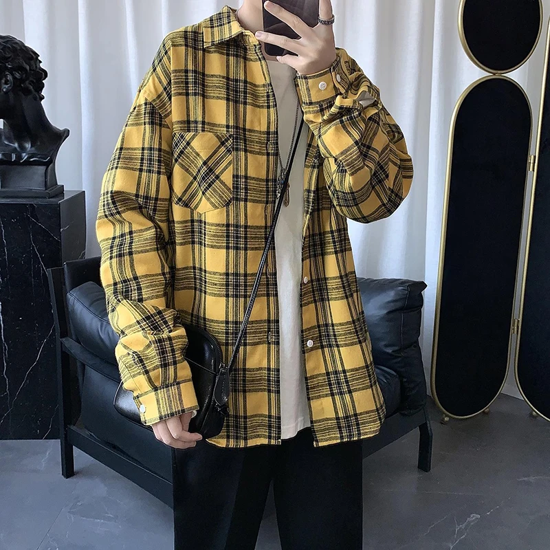 Осенняя винтажная мужская блузка с длинным рукавом в клетку принтом корейская