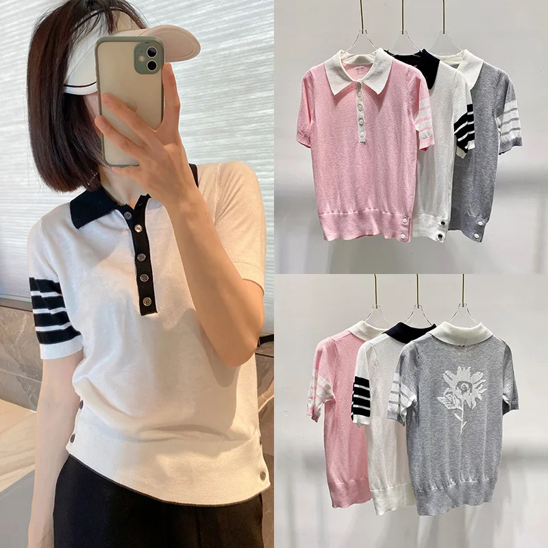 

High Quality Korean Style 2023 Summer New Tb Academy Polo Collar Back Flower Jacquard Ice Linen Short Sleeve T-Shirt Top T-shirt