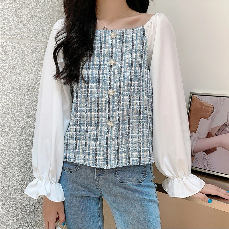 

Elegant Korean Style Lady Top 2022 Spring Summer Long Sleeve Sweet Girls Shirts Slash Neck White Blue Blusas Femme Tops
